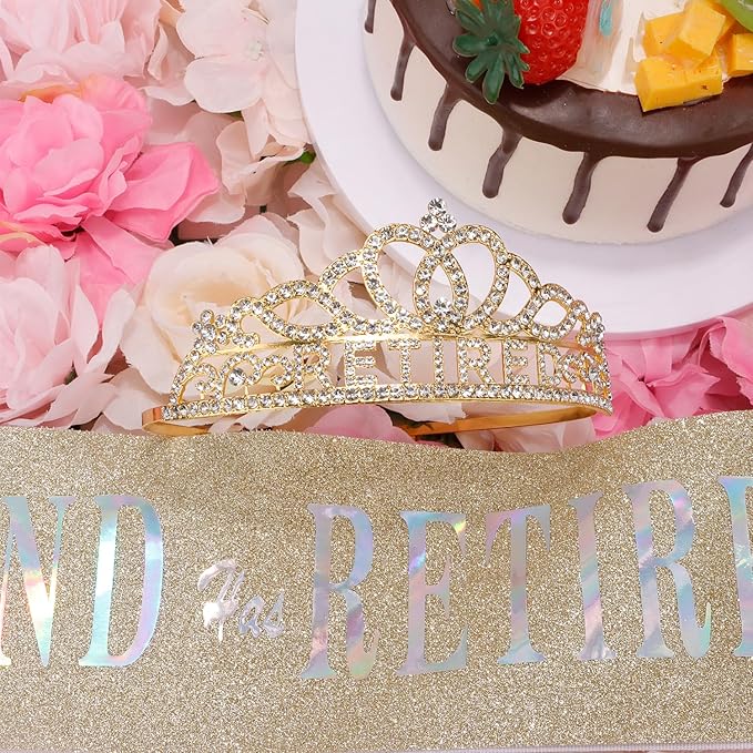 SuPoo Retirement Party Decorations Retired Sash for Women Gold Retired Tiara Crown Rhinestone Headband Retirement Gifts The Legend Has Retired Sash for Both Women and Men Party Supplies Favors