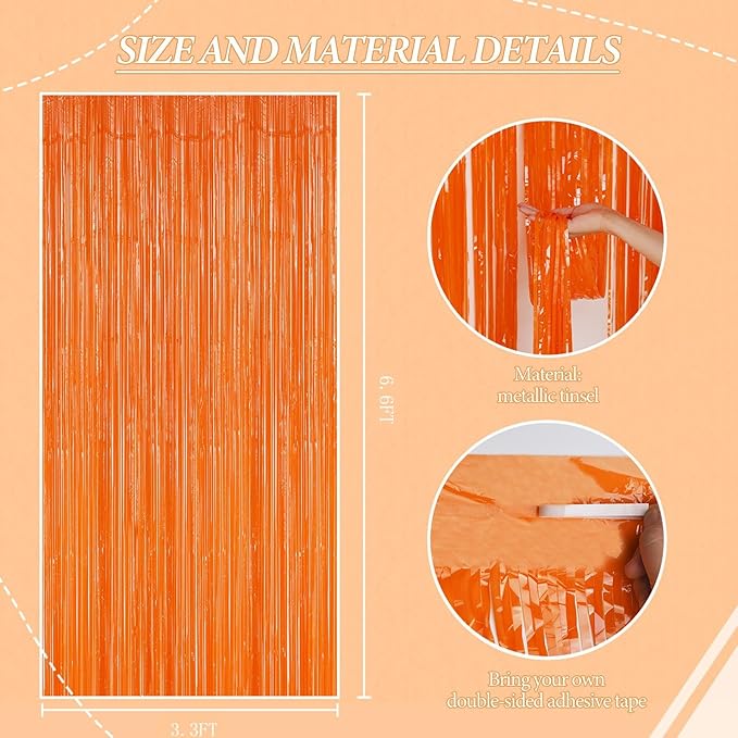 2 Pack Foil Fringe Backdrop - Orange Shiny Tinsel Curtains for Party Decoration/Photo Booth Props - 3.3x6.6 FT Metallic Foil Backdrop for Birthday, Wedding, Graduation, Christmas.