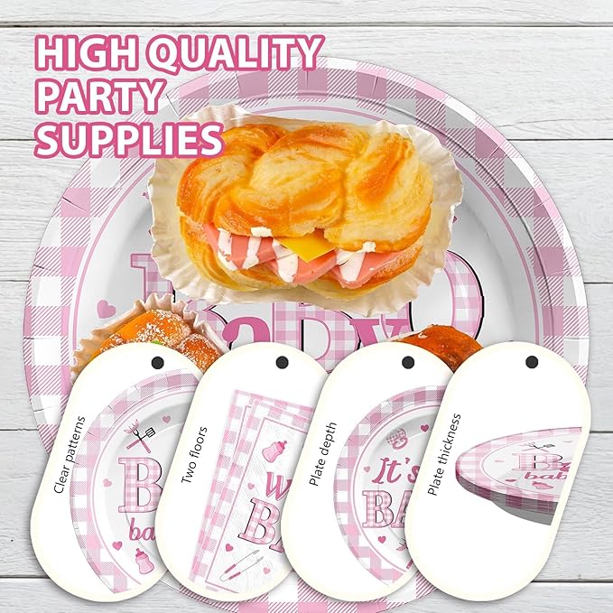 96 Pcs BBQ Baby Shower Decorations It's A BabyQ Paper Plates and Napkins Disposable Pink Gingham Baby Q Party Tableware Set for Girls Barbecue Baby Shower Gender Reveal Picnic Party Supplies Serves 24