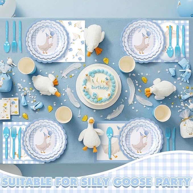 Zhehao 350 Pcs One Silly Goose Birthday Party Tableware Set Blue Scalloped Baby Shower Plates Cup Napkins Forks for Birthday Party Decorations Supplies for 50 Guests
