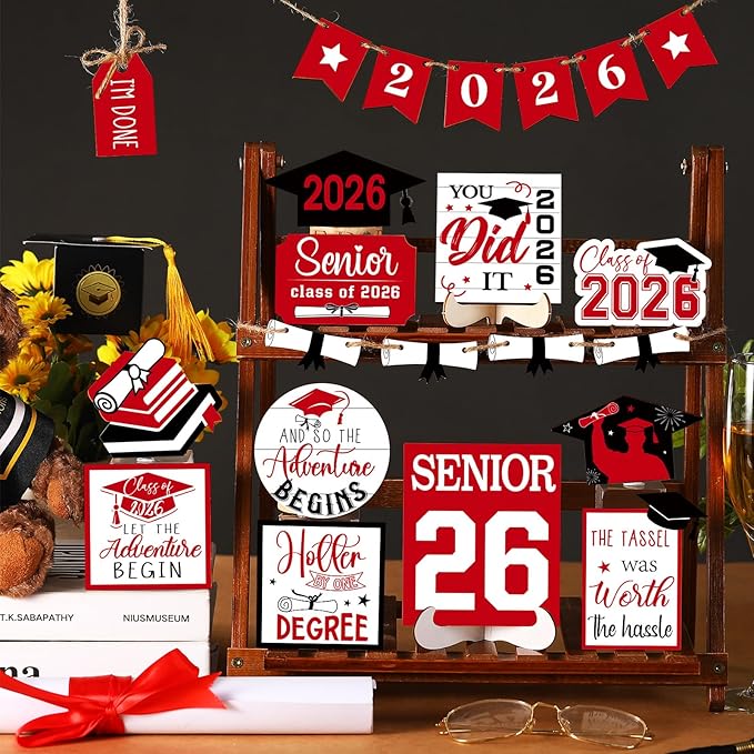 22 Pcs 2026 Graduation Tiered Tray Decor Sets Wooden Graduation Class of 2026 Table Decorations Senior 2026 Gown Diploma Farmhouse Signs for Home Shelf Party Office Desk(Red)