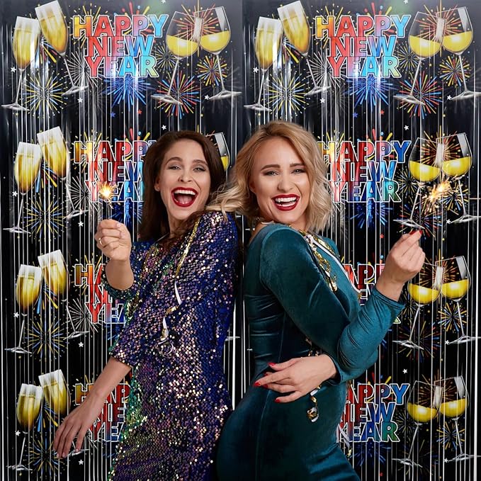 GOER Foil Curtain Backdrop for New Year Eve Party Decorations| Metallic Tinsel New Year Theme Photo Booth Props (1 Pack)