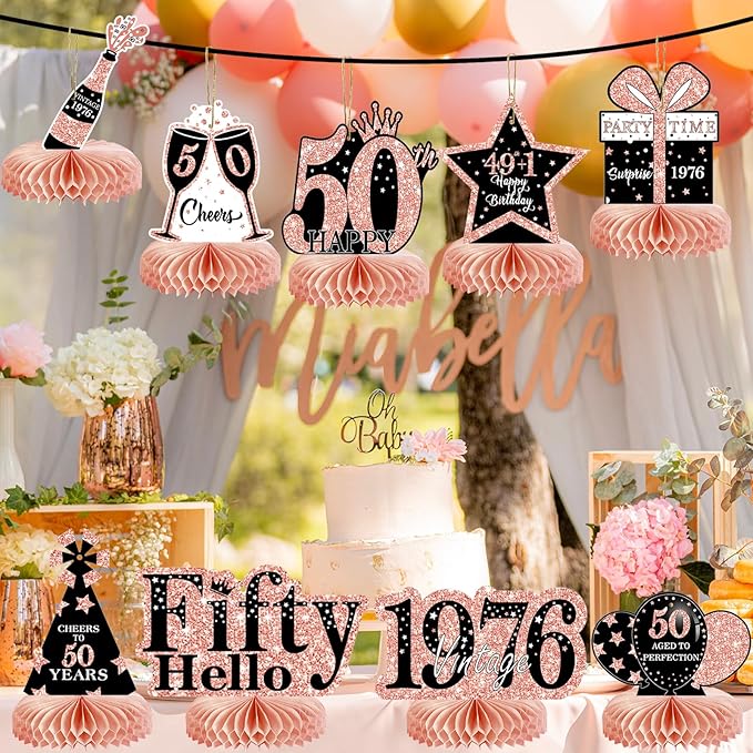 9Pcs 50th Birthday Decorations Honeycomb Centerpieces for Women, Rose Gold Pink Happy 50th Birthday Centerpieces Tables Toppers Party Decorations Supplies, Vintage 1976 Aged Table Sign Decor
