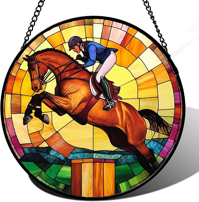 Stained Glass Window Hanging Equestrian Sports 7.8" - Horse Suncatcher Door Garden Sunroom Sun Catcher Home Decor Birthday Christmas for Mom Men Woman Nana