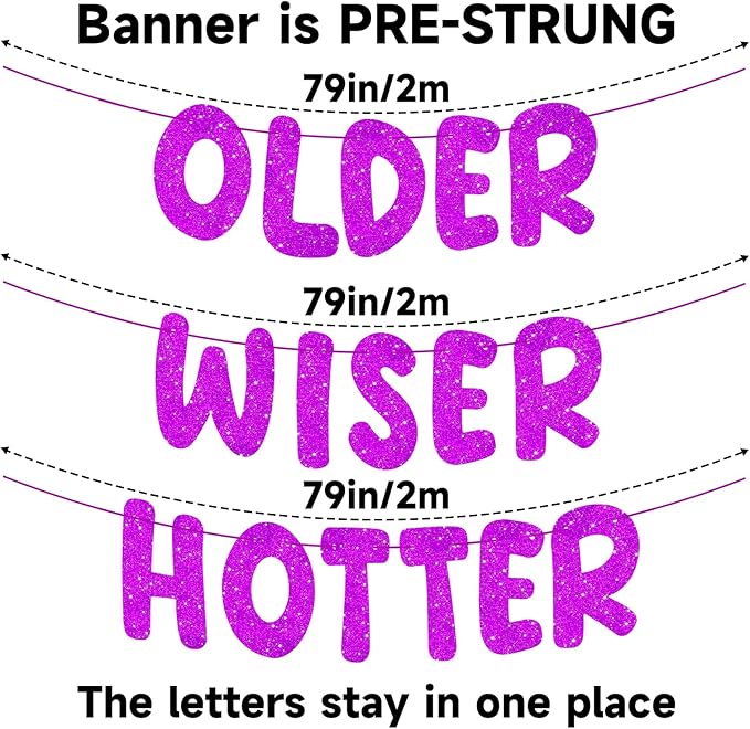 Pre-Strung Happy Birthday Banner Birthday Sign NO DIY Glitter Older Wiser Hotter Banner for Women Men 30th 40th 50th 60th 70th 80th Funny Purple Birthday Decorations (Purple)