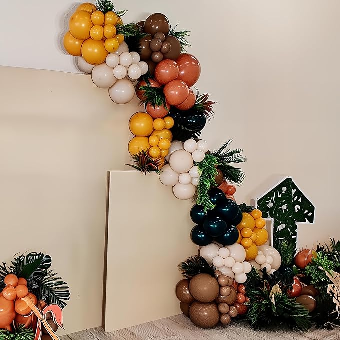 Green and Brown Balloon Arch Kit Double Stuffed Teal Green Mustard Yellow Orange Brown Coffee Beige Retro Balloon for Wild Safari Jungle Hunting Birthday Baby Shower Party Decorations