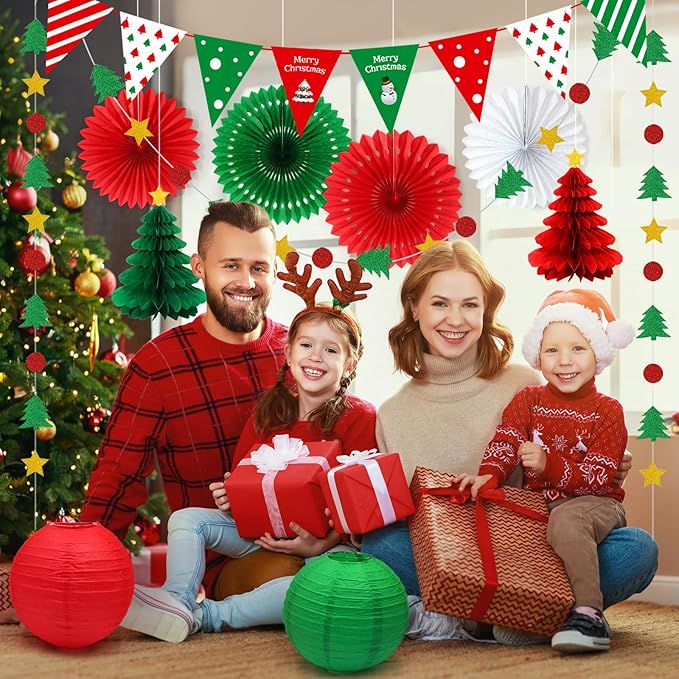 Christmas Party Decorations - Red & Green Christmas Flag, Xmas Tree Honeycomb Balls Garland Paper Fans Paper Lanterns for Holiday Party Decorations Winter Party New Year's Eve Classroom Decor