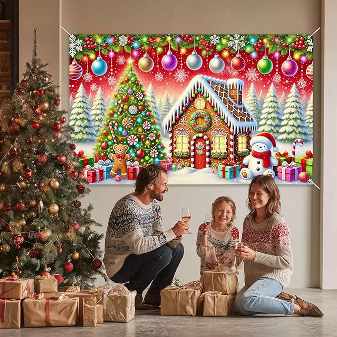 Gingerbread House Backdrop 71x43 Inches Christmas Tree Scene Banner Holiday Party Decoration Merry Christmas Backdrop for Photography Indoor Outdoor Gingerbread Christmas Background