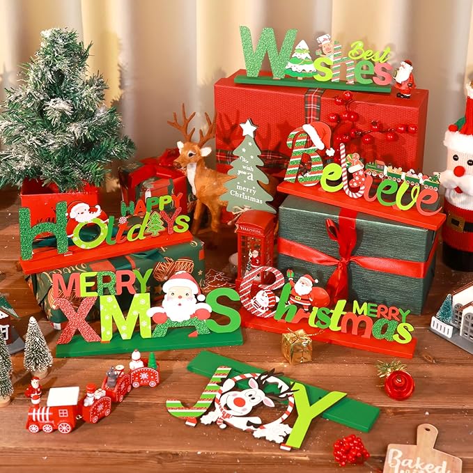 Hommtina 6 Pcs Table Decorations, Merry Tabletop Wooden Sign Indoor Decorations for Dinner Party Coffee Table
