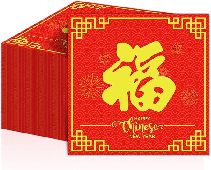 50Pcs Chinese New Year Napkins Disposable 2026 Year of Horse Paper Napkins Supplies Decorations Chinese Spring Festival Happy New Year Party Napkins Set for New Year's Eve Baby Showers Holidays