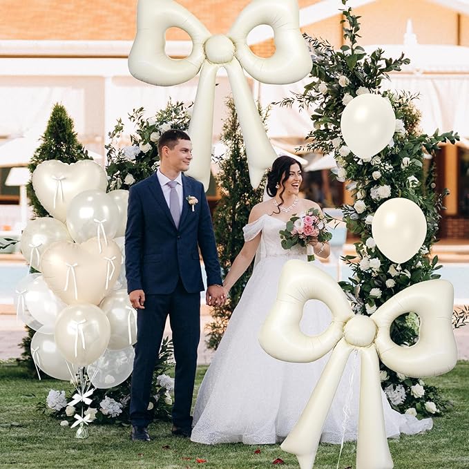 Cream Heart Balloons, 38 Inch Bow Balloons, Double Stuffed Pearl White Balloon with Bow Ribbons for Neutral Birthday Anniversary Wedding Bridal Baby Shower Valentines Day Decorations