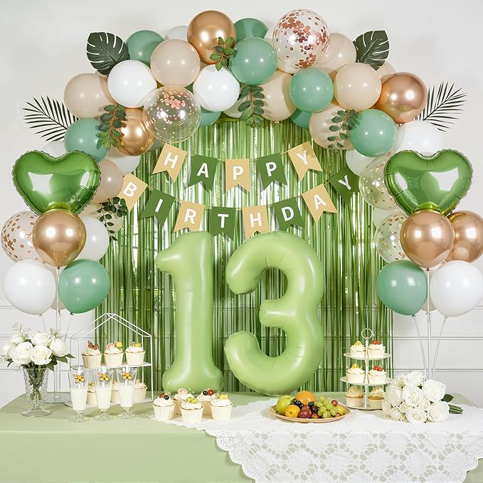 Sage Green 13th Birthday Decorations, Official Teenager Party Supplies for Girls Boys, Sand White & Cream Balloon Kit with Green Number 13 Balloon and Fringe Curtains