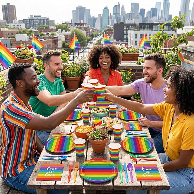 168Pcs Pride Paper Plate and Napkins Rainbow Party Supplies Disposable Tableware Set for Colorful Stripes Party Decorations Serve 24 Guests