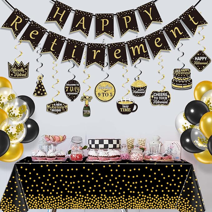 Tenare 44 Pcs Retirement Party Decor Kit: Banner, Swirls, Balloons & Ribbons (Black and Gold)