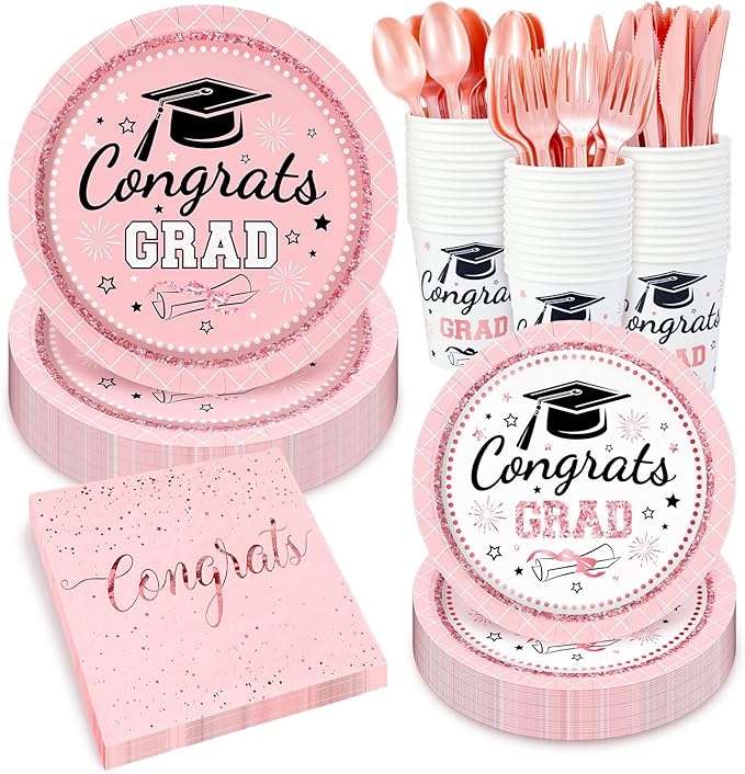 Whaline 175 Pcs Graduation Paper Plates and Napkins Set Dinnerware Pink Congrats Grad Disposable Tableware Cups and Cutlery for 25 Guests Graduates Party Supplies