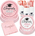 Whaline 175 Pcs Graduation Paper Plates and Napkins Set Dinnerware Pink Congrats Grad Disposable Tableware Cups and Cutlery for 25 Guests Graduates Party Supplies