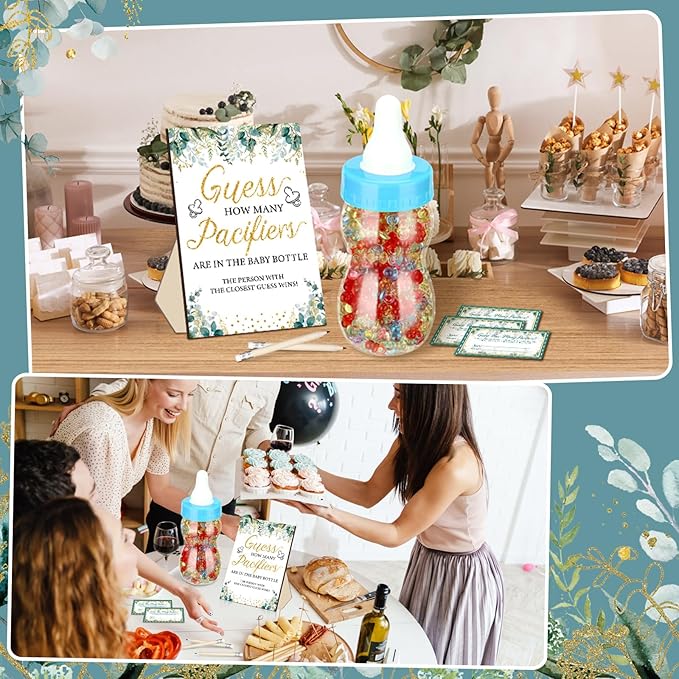 Syhood Greenery Baby Shower Games Guess How Many Pacifiers Sage Game Sign 50 Small Guessing Games 20 HB Pencils 750 ml Milk Bottle 400 Acrylic Pacifiers Decorations Guests Gender Reveal Party Favors