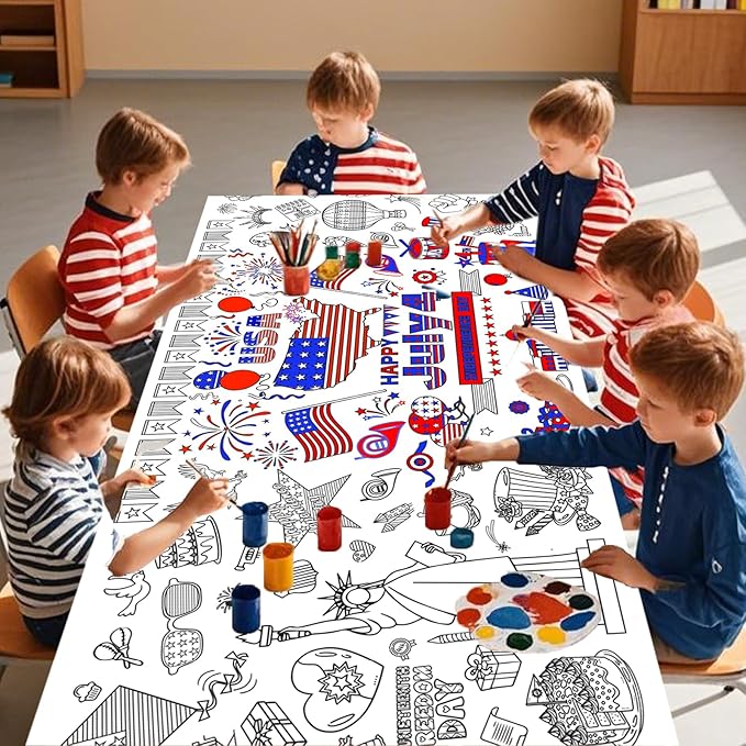 4th of July Coloring Tablecloth Patriotic Giant Poster 30x72 Inch Independence Day Coloring Poster DIY Statue of Liberty American Flag Themed, for School Classroom Wall Home Party Suppiles