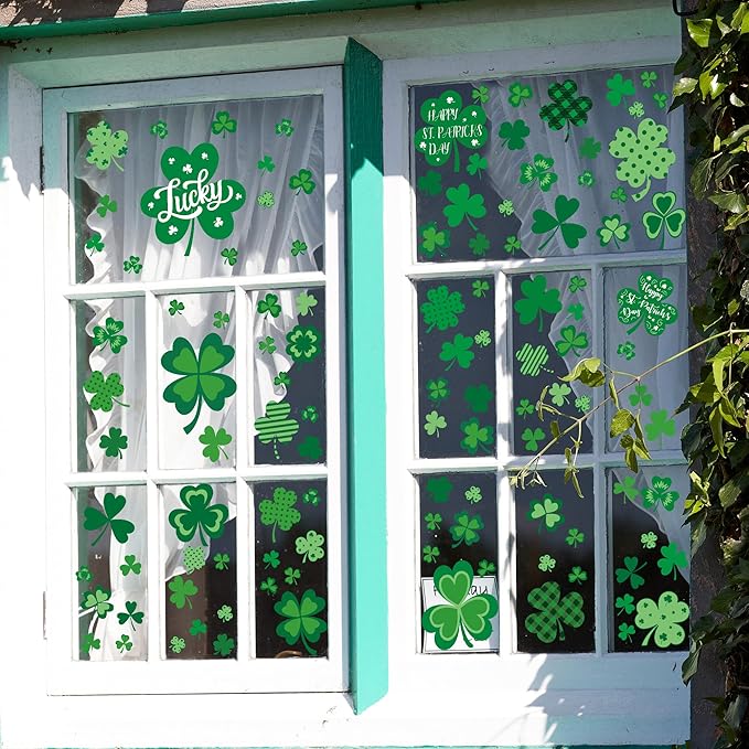 120 PCS St Patricks Day Decorations, 4 Sheets St Patricks Day Window Clings with Polka Dots Stripes Plaid Patterns, Double-Sided Green Party Decorations, Shamrock Window Clings for Home Decor