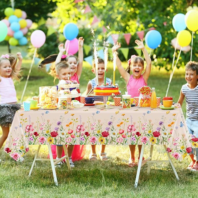 2 Pack Summer Floral Tablecloth Butterfly Wildflower Plastic Disposable Large Rectangular Table Cloth for Summer Picnic Dining Holiday Birthday Wildflower Party Decorations (54 x 108 Inch)