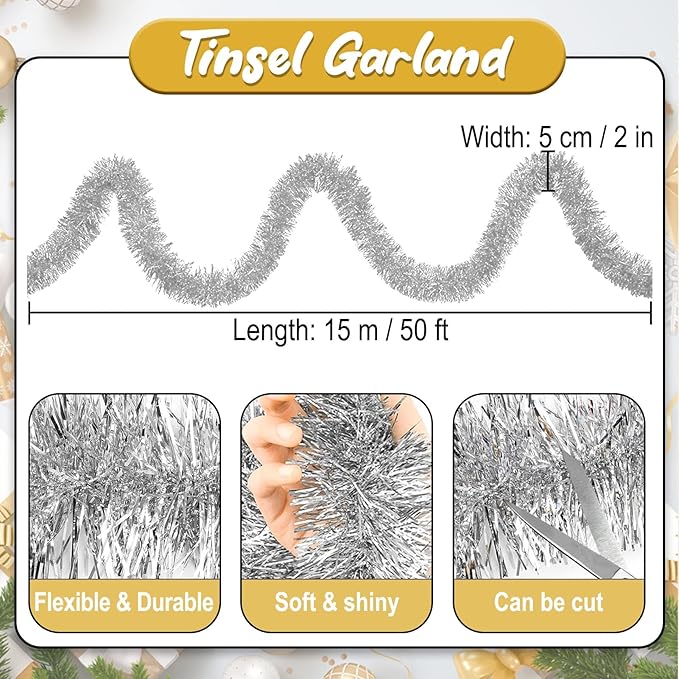 50 Feet Silver Christmas Tinsel Garland, Metallic Foil Twist Banner Wall Hanging Tinsel Streamers Backdrop for Parade Floats, Christmas, Mother's Day, Birthday Party Decorations(2in x 50ft)
