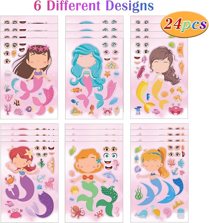 24 Sheets Mermaid Make a Face Sticker Sheets for Kids Todders Activities, Make Your Own Stickers for Kids Birthday Party Favor Supplies Craft