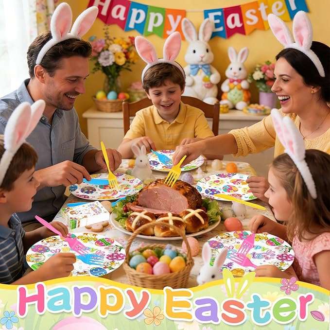 144 Pcs Disposable Easter Plates and Napkins Set-9 Inch Dinner Plates and 7 Inch Dessert Plates with Napkins and Flatware-Bunny Egg Tableware with Happy Easter-Spring Party Supplies for 24