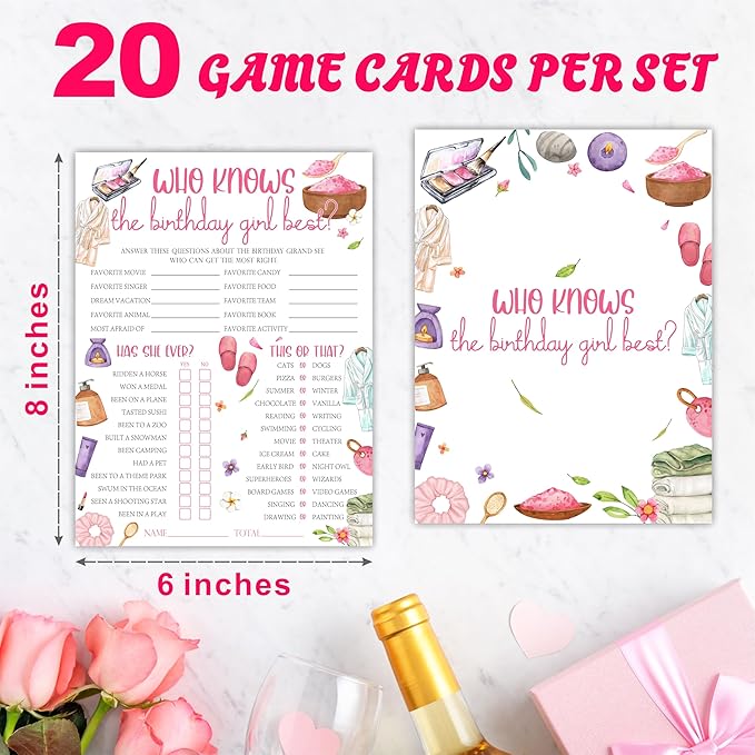 6"X8" Who Knows The Birthday Girl Best - Watercolor Slumber Accessories - Funny Double-Sided 3-in-1 Game Card Set For Girls Birthday Party, Sleepover Party Activities, Favor & Supplies (20Pcs)- A08