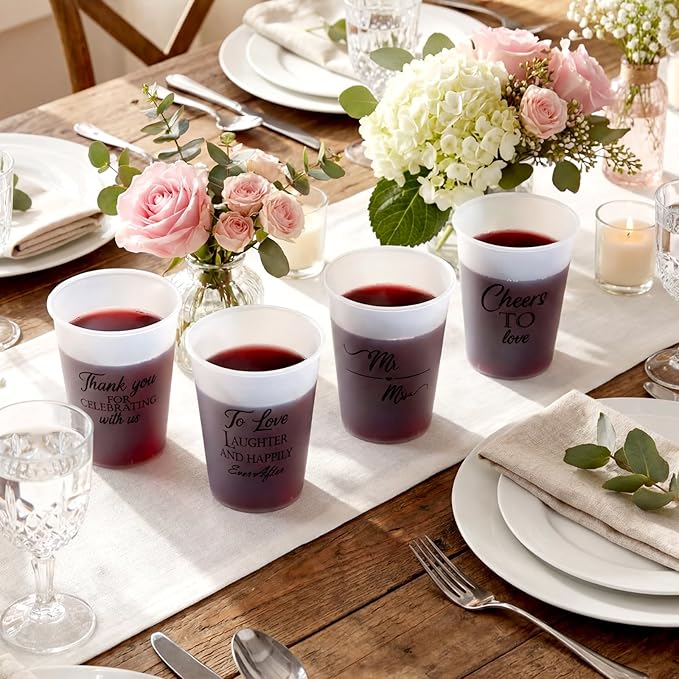 Yungyan 100 Pcs Wedding Frosted Plastic Cups Bulk 12 oz Clear Wedding Cups for Reception Disposable Cheer to Love Bridal Shower Bachelorette Party Supplies