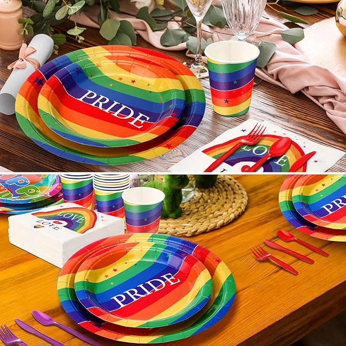 350 Pcs Disposable Gay Pride Month Party Tableware for 50 Guests Rainbow Paper Plates Love Napkins Cups Knives Forks Spoons for Gay Pride Party Lgbt Parade Festival Events Club Dance