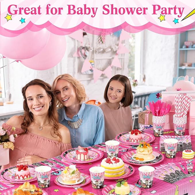 452 Pcs Girl Birthday Decorations for 50 Guests Pink Hero Paper Plates Napkins Cups Tablecloth Cutlery Straws for Pink Hero Birthday Baby Shower Party Supplies