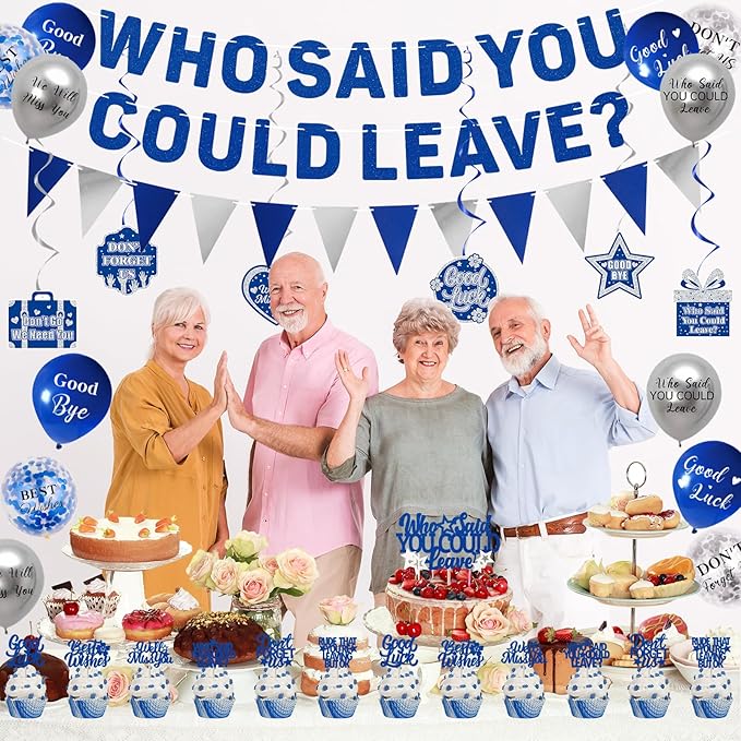 Roetyce Farewell Party Decorations, Blue Who Said You Could Leave Banner Cake Toppers Balloons Hanging Swirls, Going Away Retirement Leaving Party Decorations, Coworker Goodbye Party Supplies