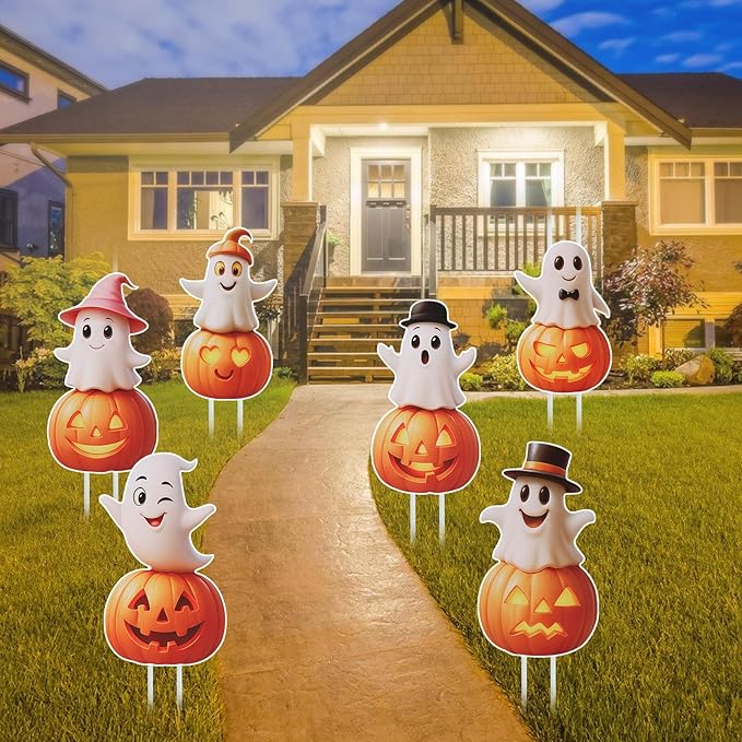 Outdoor Halloween Yard Signs, 6 PCS Cute Pumpkin Ghost Halloween Yard Stakes Kids Friendly for Lawn Garden Outside Home Decor