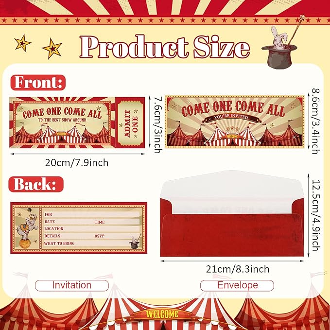 Fuutreo 50 Pcs Circus Party Invitations with Envelopes Vintage Carnival Birthday Invitations Double-sided Fill in Invites for Theme Birthday Party 25 Ticket 25 Envelopes