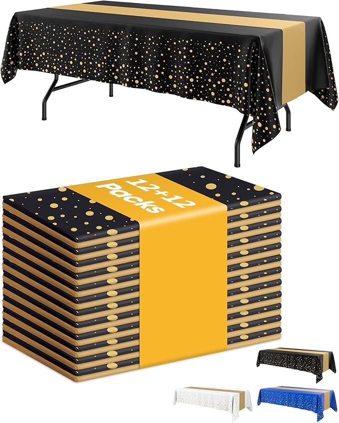 Graduation Decorations Table Cloth for Rectangle Table and Table Runner Set - 12+12 Pack, Black and Gold Plastic Tablecloth Disposable for Birthday, Wedding, Baby Shower, New Year
