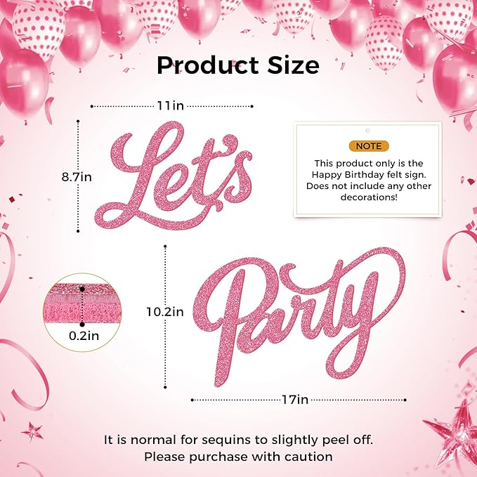 Babenest Let's Party Felt Sign, Flash Pink Reusable Glitter Letter Banner for Backdrop, Balloon Arch Decor, Party Supplies for Graduation, Birthday, Wedding, Bachelorette, Christmas, Home Bar, Man Cave Wall Decorations