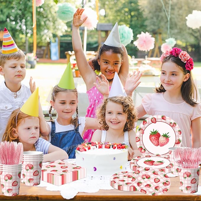 Strawberry Birthday Decorations,144Pcs Strawberry Party Plates,Napkins,Cups Strawberry Party Supplies Summer Fruit Tableware Set for Girls Baby Shower,Berry First Birthday Decor