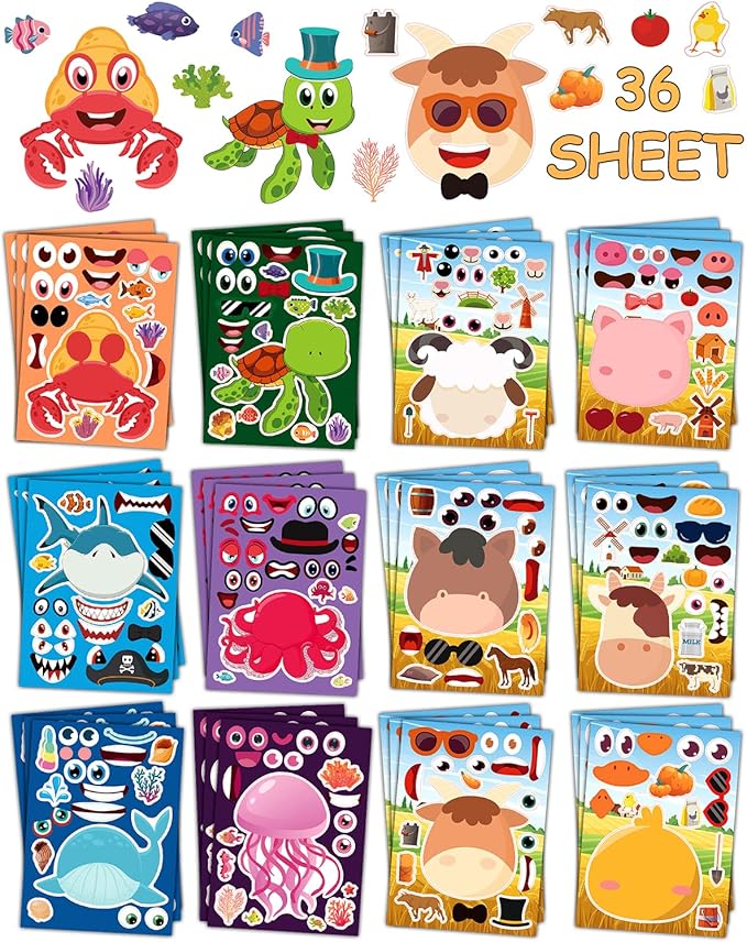 36 Sheets Stickers for Kids Toddlers Party Favors, Mixed Animals Make a Face Stickers Goody Bag Stuffers, Crafts for Kids Activities Classroom Supplies School Teacher Must Haves