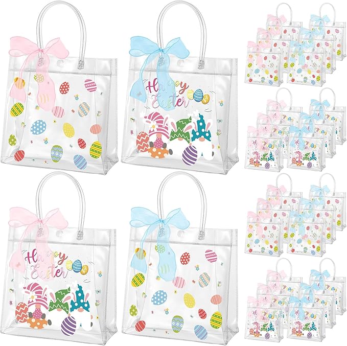 Henoyso 24 Pcs Easter Clear Gift Bags with Handles Plastic Treat Goodie Candy Bags Reusable PVC Party Favor Tote with Ribbon for Easter Birthday Party Gift Wrapping, 7.8 x 7.8 x 3.1 Inches
