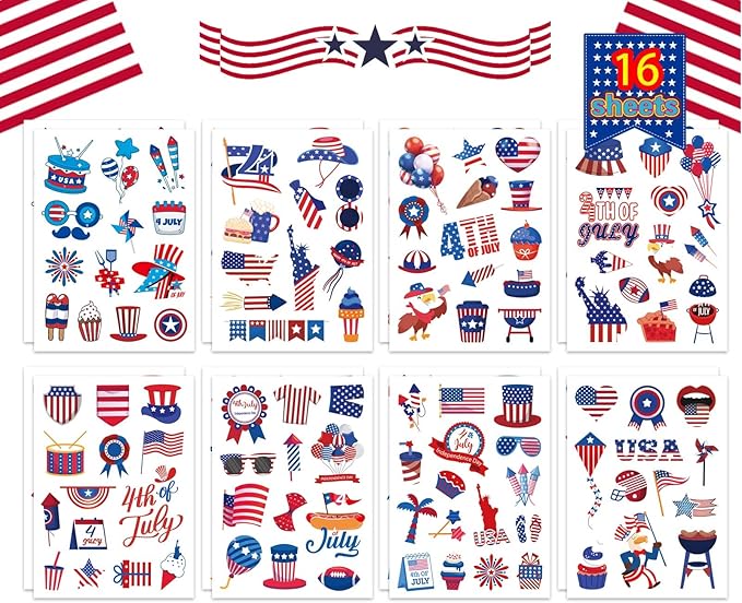 16 Sheets 4th of July Stickers for Kids Patriotic Crafts, Independence Day Red White Blue Face Stickers, Party Favors Games Supplies, Memorial Day
