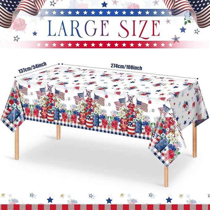 6 Pack 4th of July Tablecloth Decorations, Vase Flower Patriotic Plastic Table Cover, Red White and Blue Decorations with Star Stripe Sign for Patriotic Independence Veterans Memorial Day, 54x108 Inch