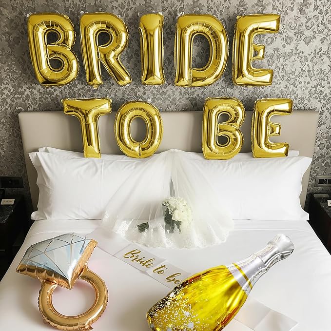 Gold Decorations pearl White balloons Bridal Veil BRIDE TO BE Balloons Sash with Diamond Ring Heart Champagne Balloons for Bachelorette Party Decor Bride To Be Bridal Showerr