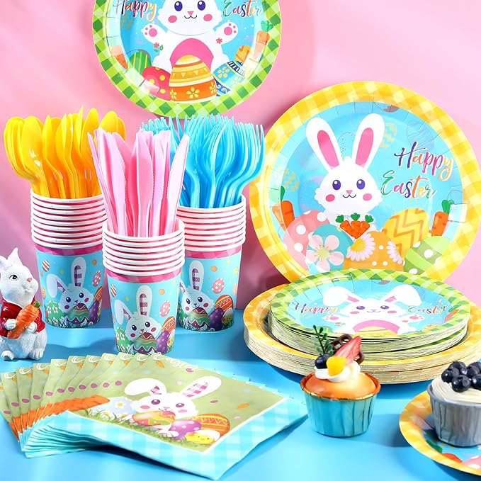 171 Pcs Happy Easter Party Supplies Disposable Easter Tableware Set with Bunny Colorful Eggs Plates Napkins Cups Banner Plastic Tablecloths for Easter Spring Holiday Party Decoration Serve 24