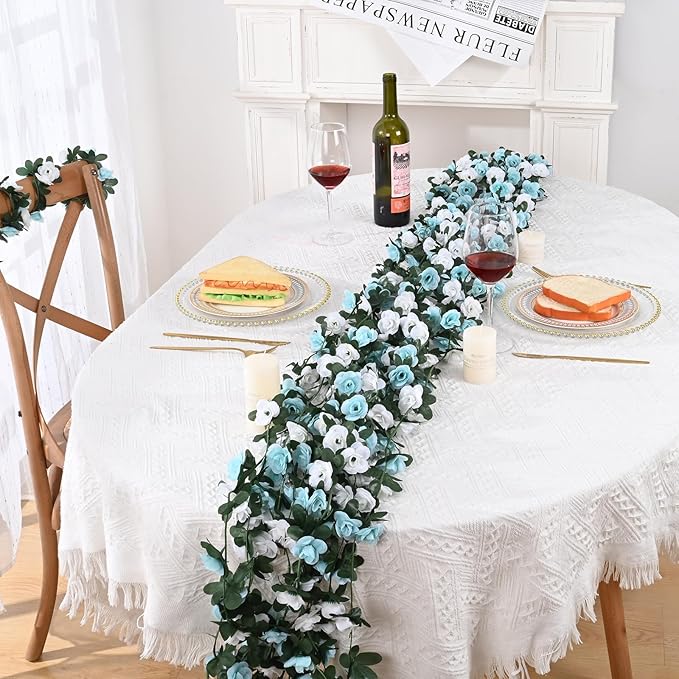MARTINE MALL Flower Garland - 5 Strands 41Ft Rose Vines for Bedroom Decor, Blue and White Rose Floral Garland for Room Birthday Wedding Party Garden Wall Decor