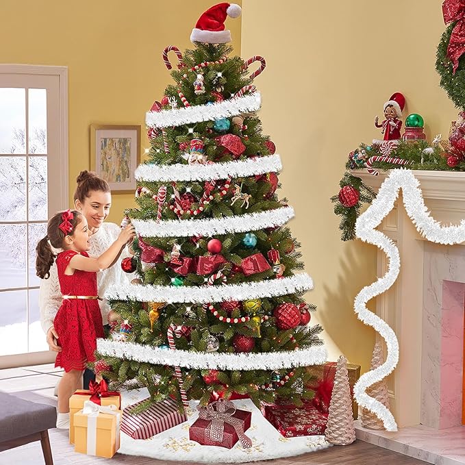 50 Feet Christmas Tinsel Garland, Metallic Twist Garland Wall Hanging Tinsel Garland Backdrop for Parade Floats, Carnival, Birthday, Wedding, New Year Party Decorations (Macaron White, 2in x 50ft)