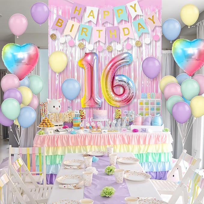 16th Birthday Decorations Rainbow,Gradient Number 16 Balloon,Pastel Happy Birthday Banner Fringe Curtain Heart Foil Balloons Boys Girls 16 Year Old Decor