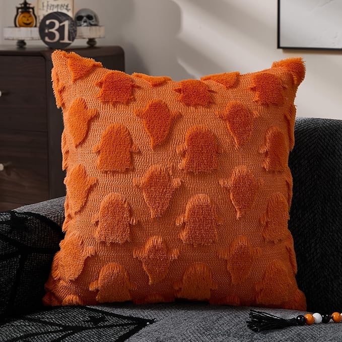 DFXSZ Halloween Pillow Covers 18x18 inch Set of 2 Orange Ghost Throw Pillow Cases Soft Plush Faux Fur Wool Couch Cushion Case for Chair Sofa Bedroom Living Room Home Decor PTK03S18