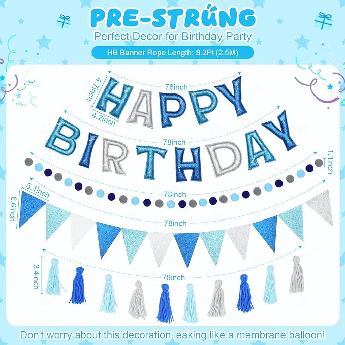 5 Pcs Pre-Strung Blue and Silver Happy Birthday Banner Set, Felt Glitter Happy Birthday Garland with Ball Garland, Pennant Flags and Tassels, Birthdays Party Decorations for Kids and Adults