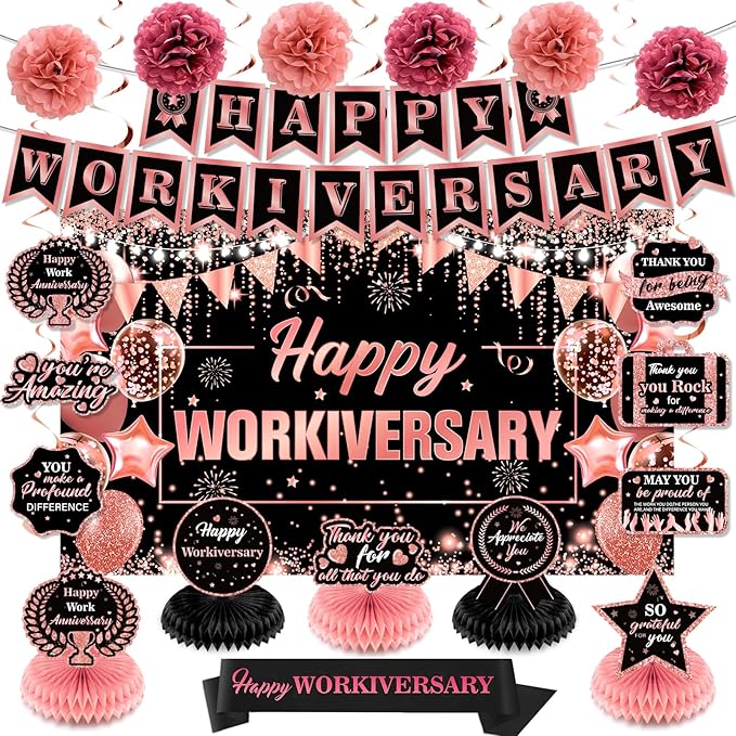 Happy Work Anniversary Decorations Rose Gold Happy Workiversary Banner Honeycomb Centerpieces Hanging Swirls Tissue Paper Pompoms Sash Set for Women Office Employee Worker Appreciation Party Supplies