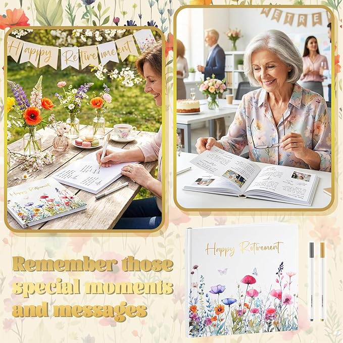 2026 Retirement Guest Book with 2 Markers 8.7'' Square Hardcover Blank Guest Photo Signing Memory Book Happy Retirement Gift Party Supplies for Women Men Teacher Grad Decor (White,Floral)